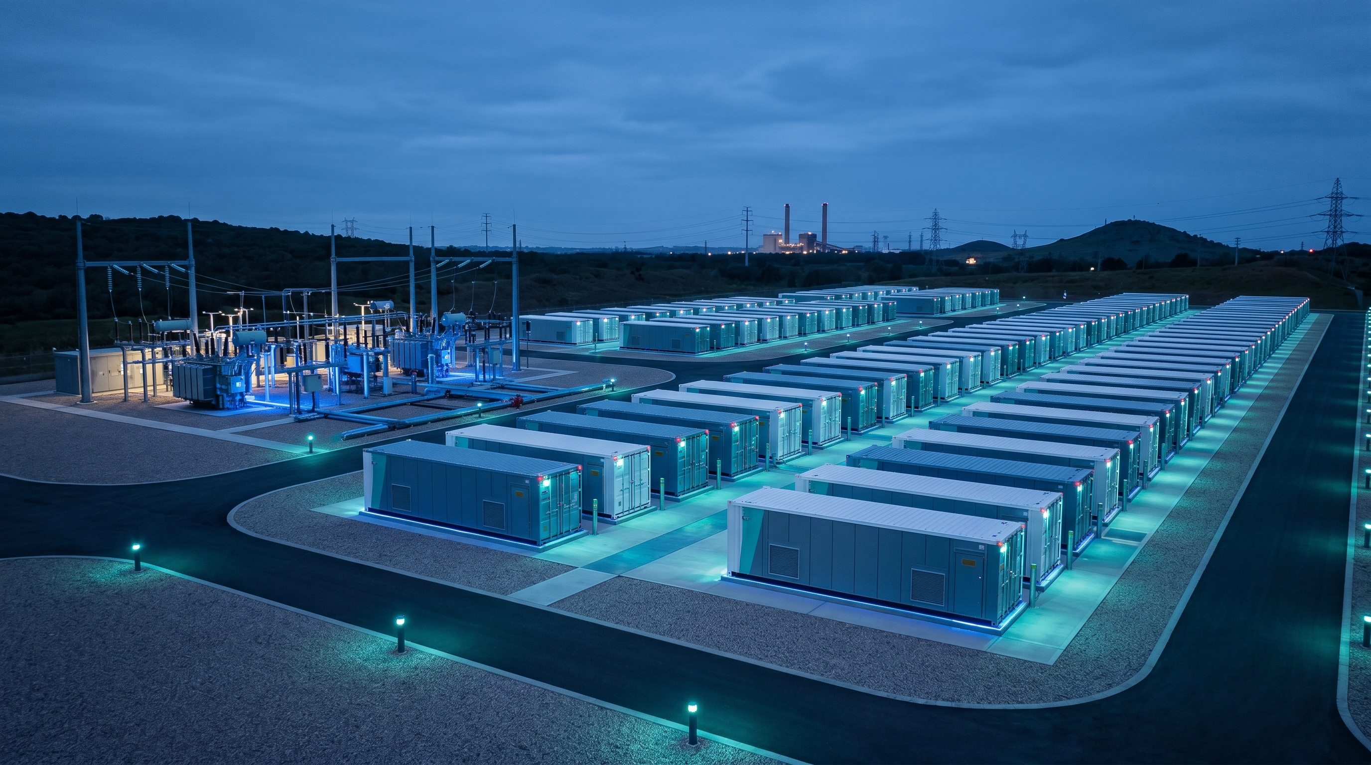 Grid-scale battery energy storage facility at dusk