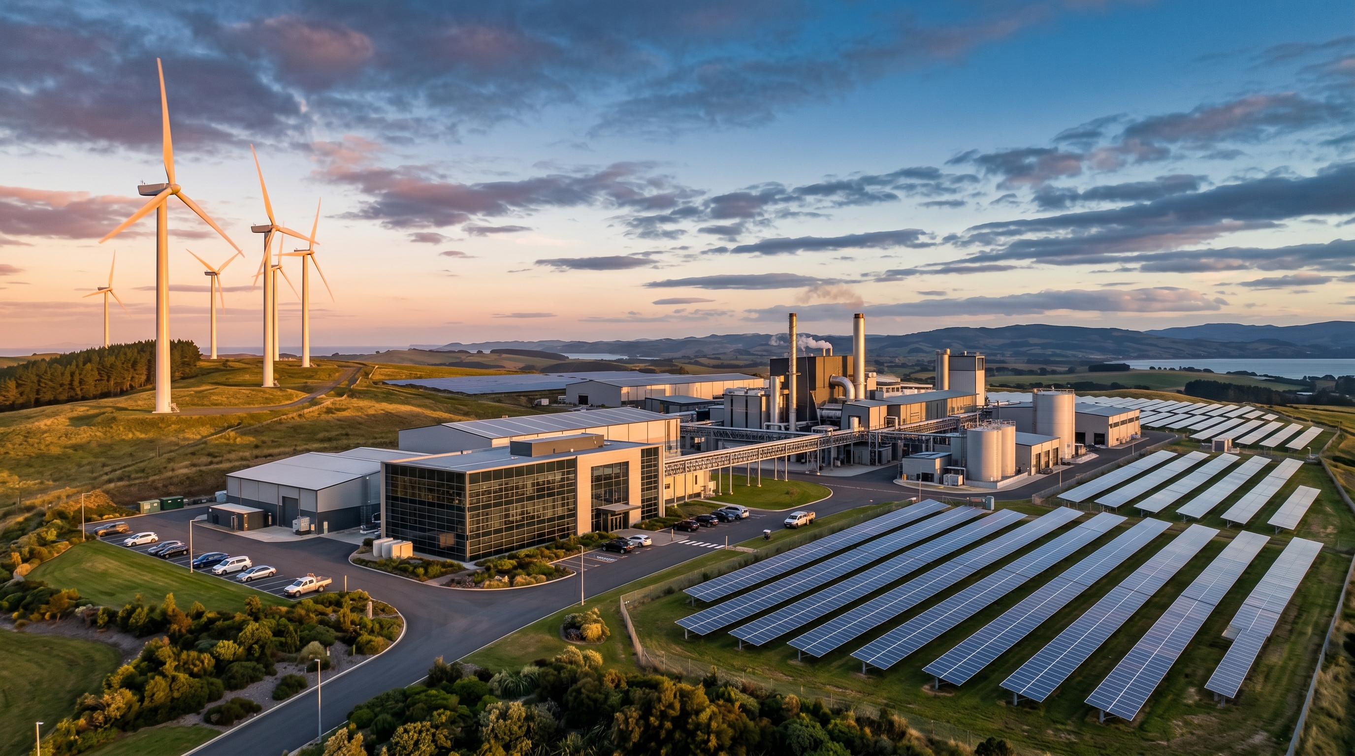 Modern manufacturing plant integrated with wind and solar generation