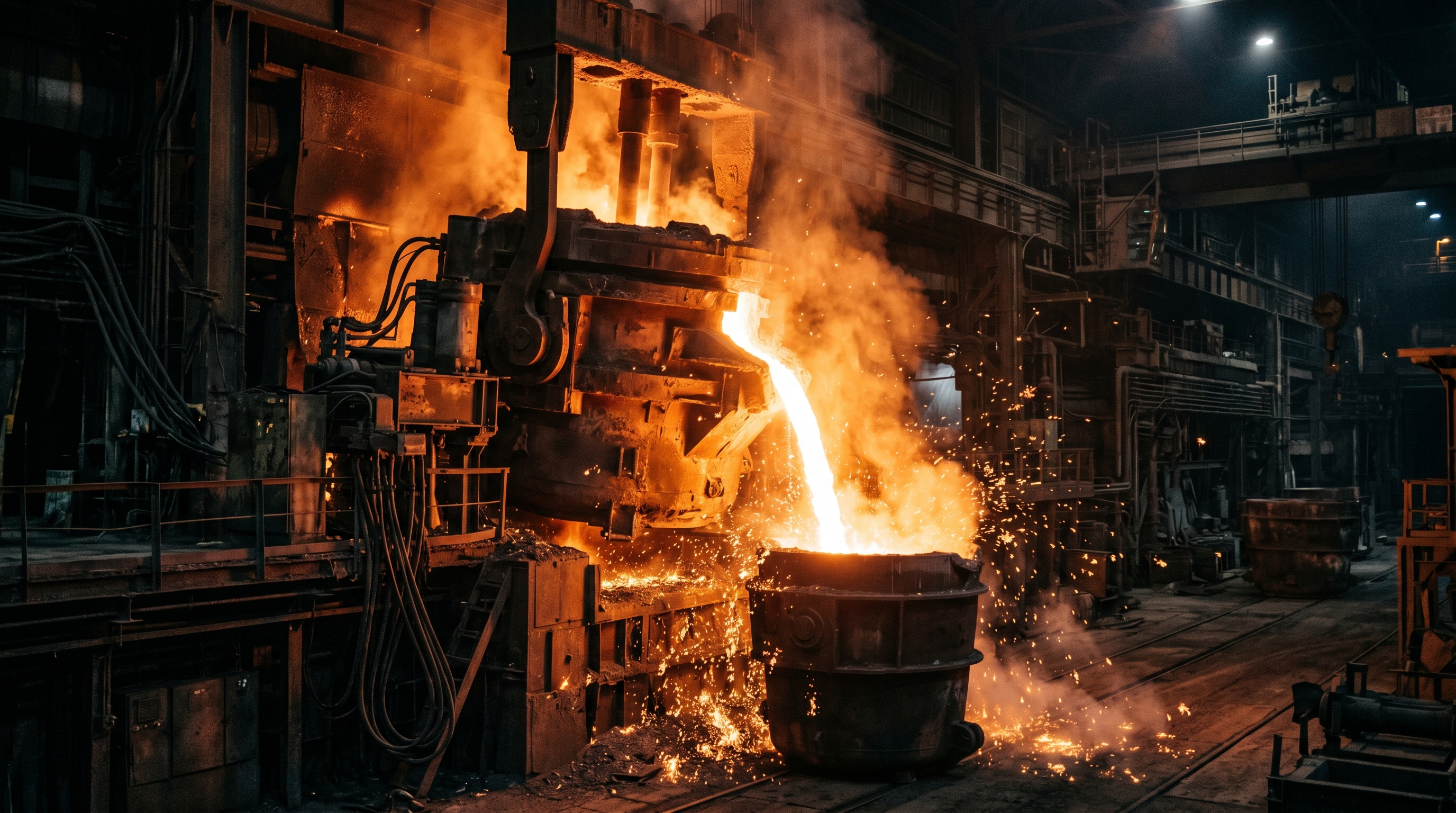 Electric-arc furnace pouring molten steel — energy-intensive heavy industry