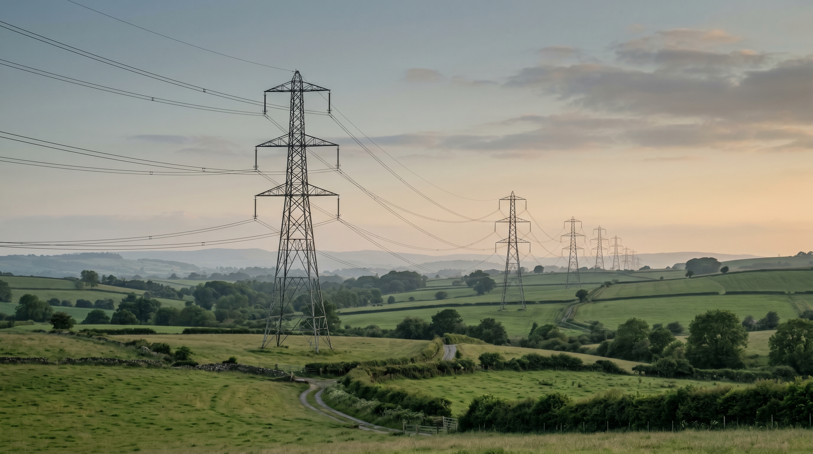 High-voltage electricity transmission infrastructure across UK countryside